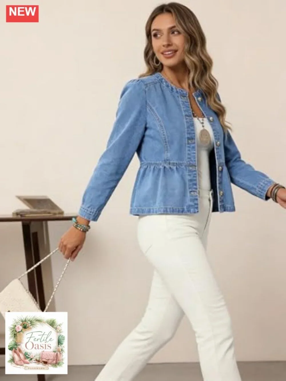 Women's Cropped Peplum Jean Jacket Denim Shirt Button Down
